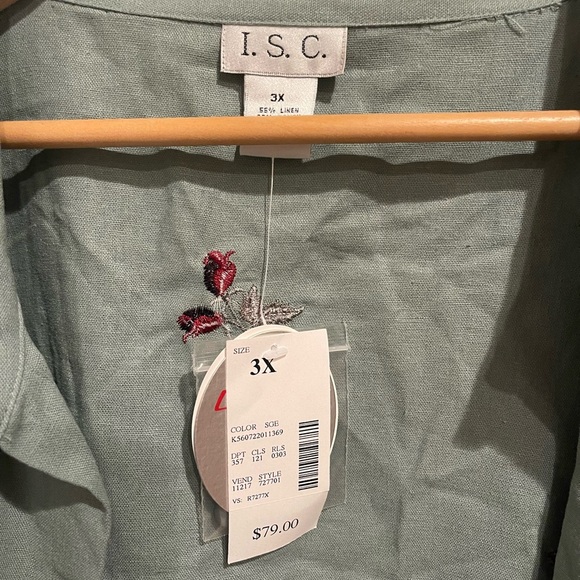 I.S.C. Linen Blend Mossy Green Embellished Sleeveless Tank and Blouse Comb 3X - Picture 6 of 8